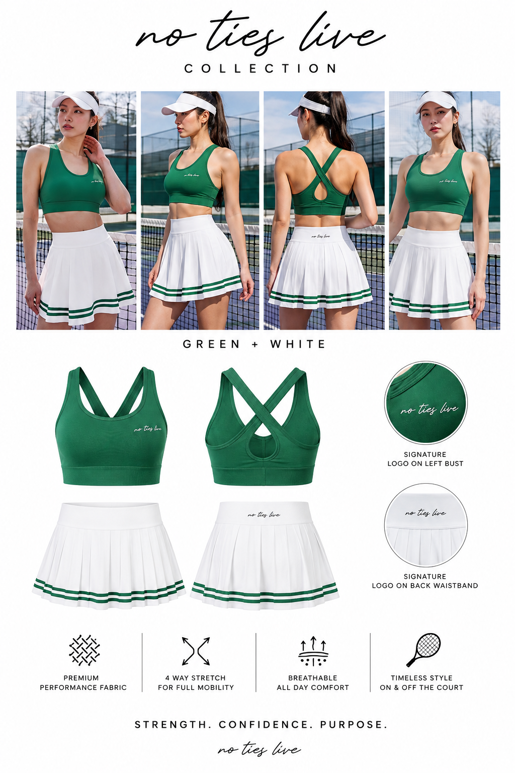 Pleated tennis skirt and cross-back sports bra