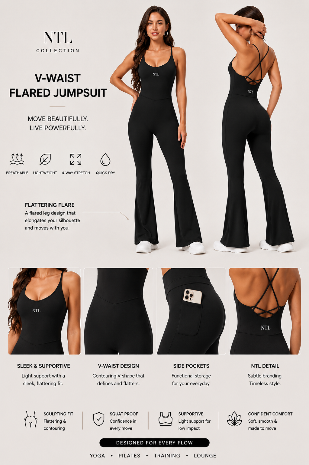 Flared leg yoga jump suit