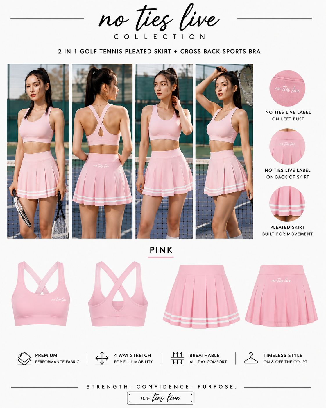 Pleated tennis skirt and cross-back sports bra