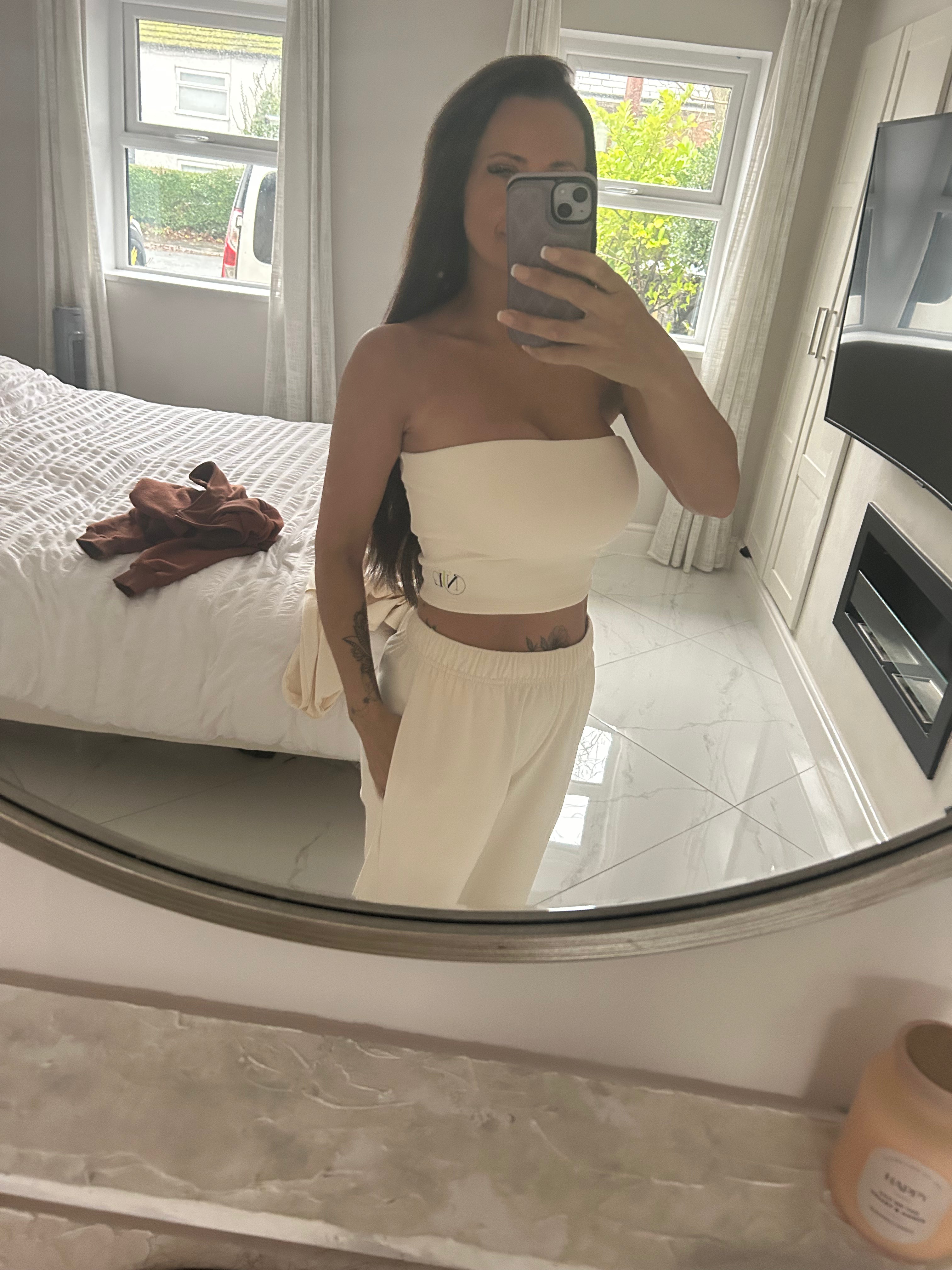 Wide leg fleece joggers and strapless top