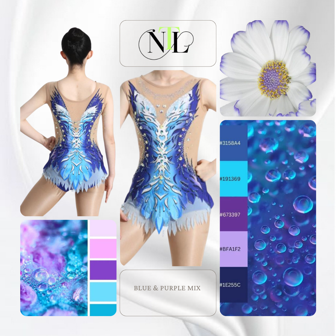 Full front and back detail blue and purple leotard