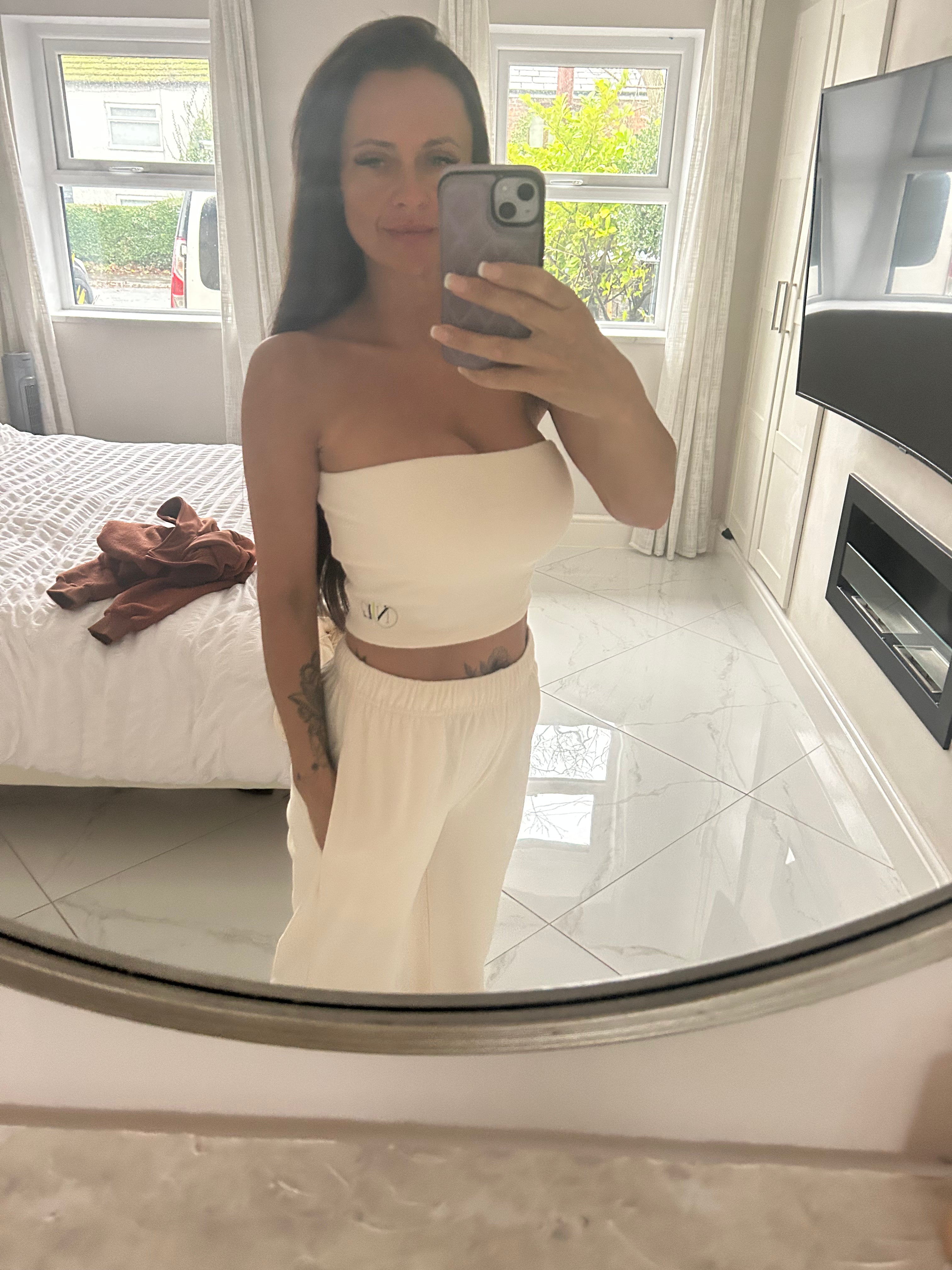 Wide leg fleece joggers and strapless top